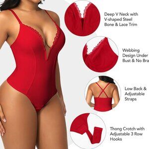 SHAPERIN Women's Lace Deep V Neck Cami Bodysuit Plunge Tummy Control